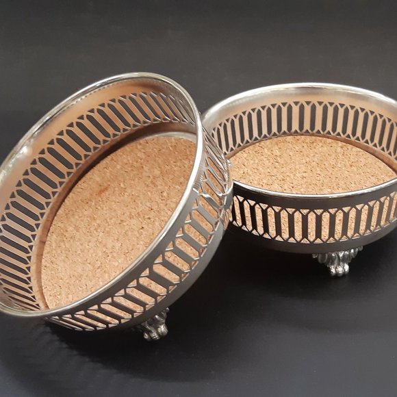 VTG Silverplate Footed Wine Bottle Coaster Holders Set of 2 Pierced Cork Insert - Picture 2 of 10